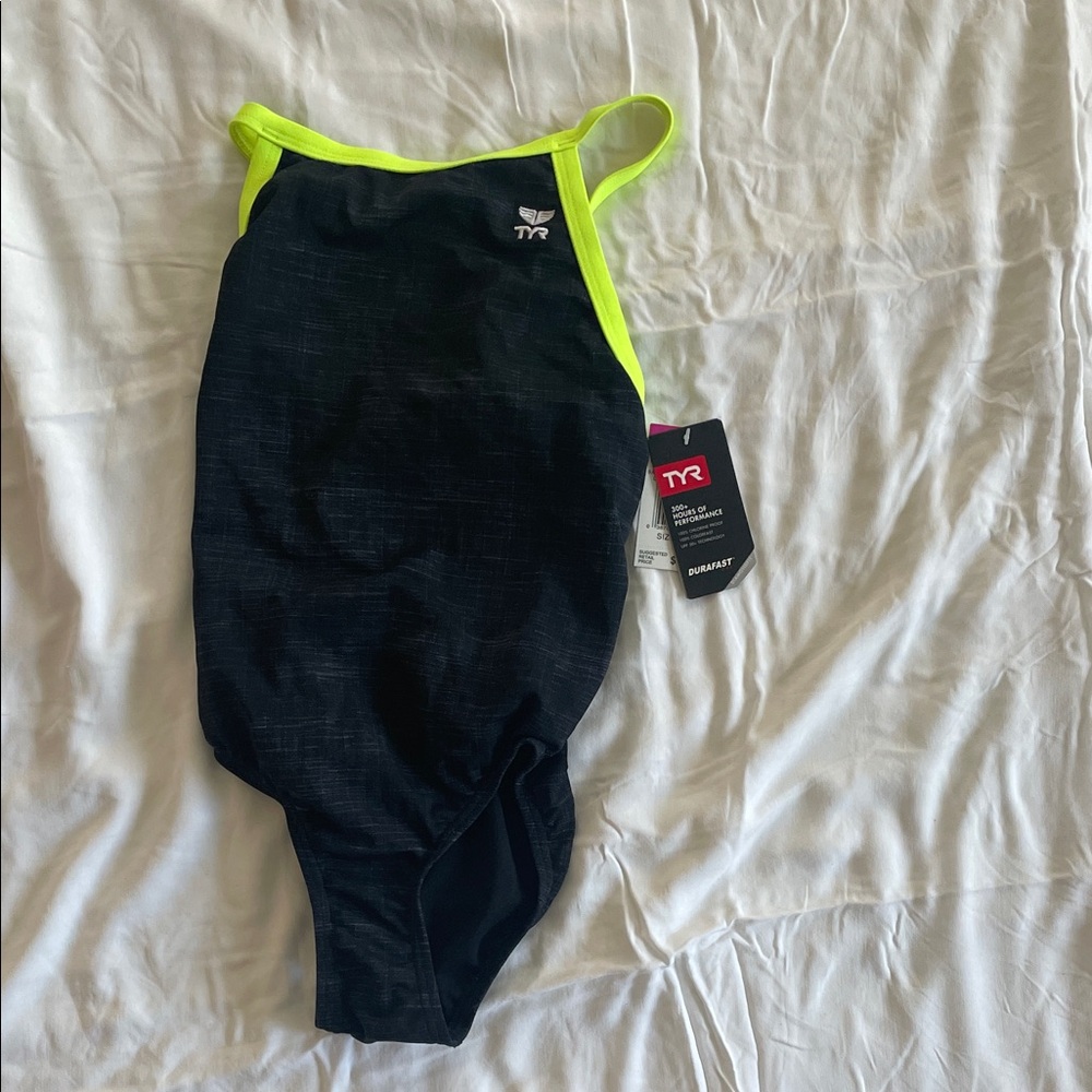 TYR Swimsuit with Black and Bright Yellow Accents